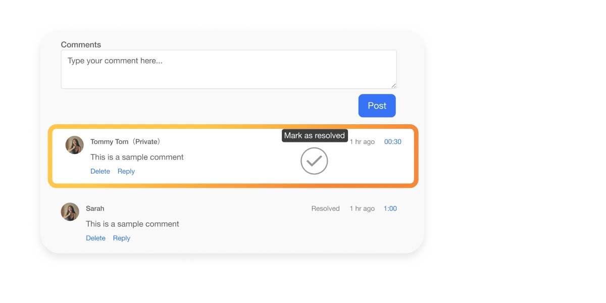 Collaborators in Visla Workspaces providing feedback on precise video moments, with new comments highlighted by red dots for efficient collaboration and resolution.